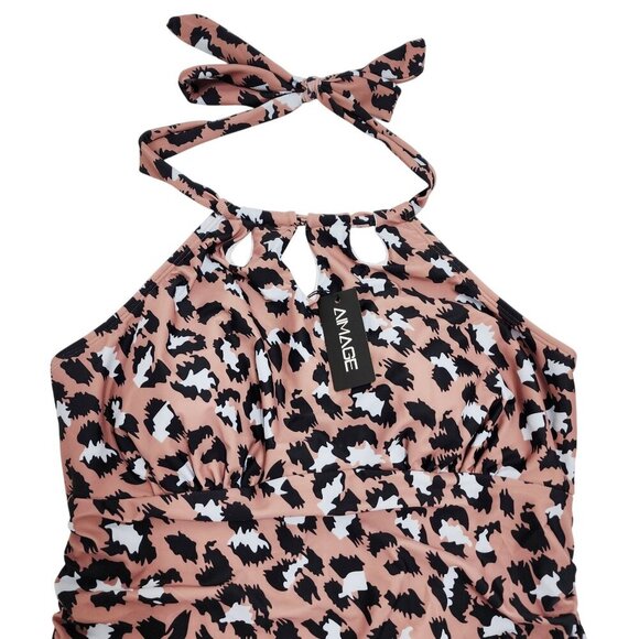 Leopard Print Halter Neck One-Piece Swimsuit Ruched Design Women  Aimage Size XL - Picture 4 of 6